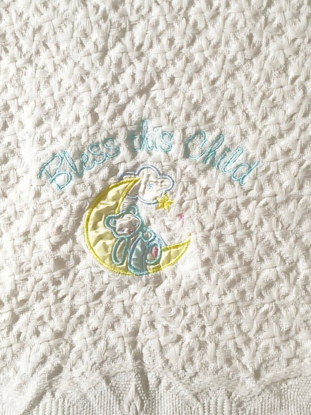 Bright Future Bless This Child Bear Moon Fringe Security Lovey Blanket 30" X 45"